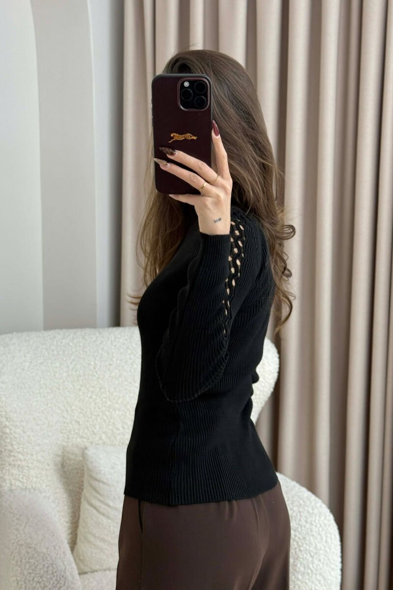HIGH NECK SLEEVE DETAILS ONE COLOR WOMEN SWEATER BLACK/ E ZEZE - 3