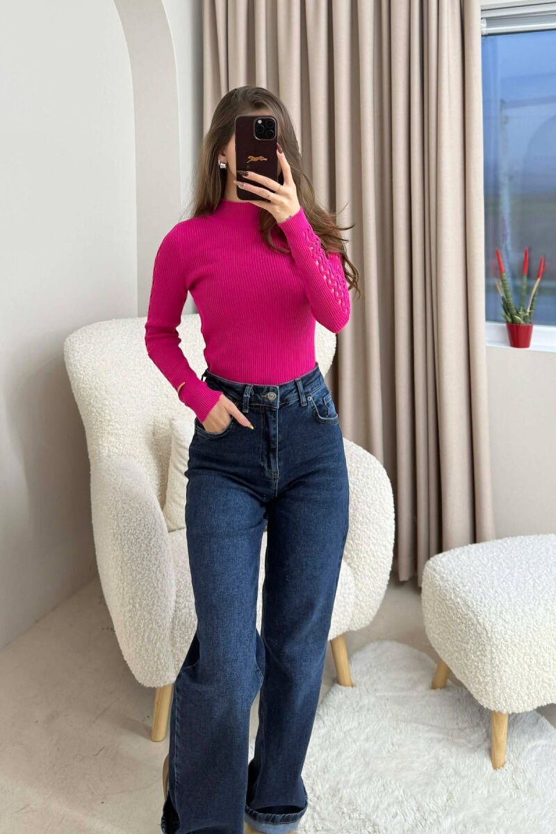 HIGH NECK SLEEVE DETAILS ONE COLOR WOMEN SWEATER FUCHSIA/CIKLAMI - 1