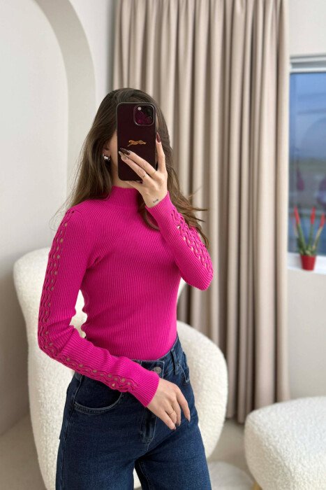 HIGH NECK SLEEVE DETAILS ONE COLOR WOMEN SWEATER FUCHSIA/CIKLAMI - 2
