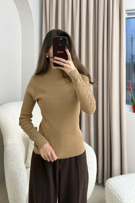 HIGH NECK SLEEVE DETAILS ONE COLOR WOMEN SWEATER LIGHT BROWN/KAZB - 4