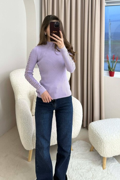HIGH NECK SLEEVE DETAILS ONE COLOR WOMEN SWEATER LIGHT PURPLE/LEZB - 4