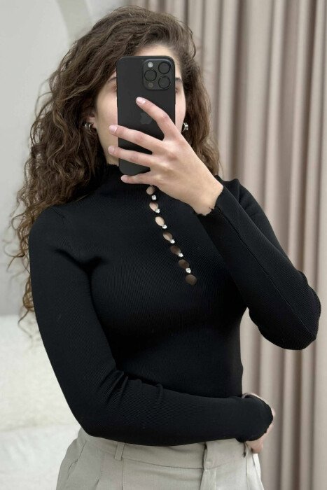 HIGH NECK STONES DETAIL WOMEN SWEATER BLACK/ E ZEZE - 4