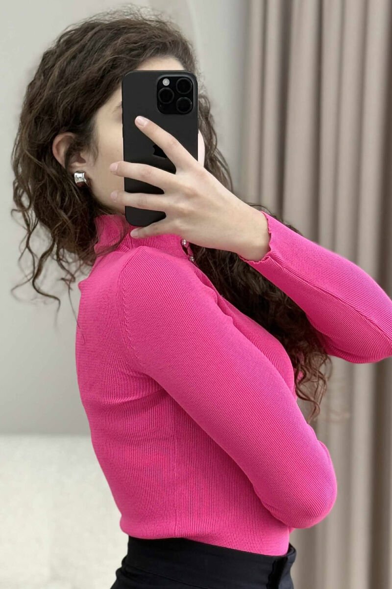 HIGH NECK STONES DETAIL WOMEN SWEATER FUCHSIA/CIKLAMI - 3