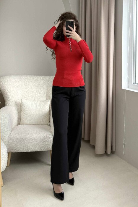 HIGH NECK STONES DETAIL WOMEN SWEATER RED/E KUQE 