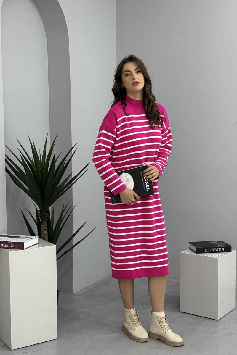 HIGH NECK STRIPED LONG WOMEN DRESS FUCHSIA/CIKLAMI - 1