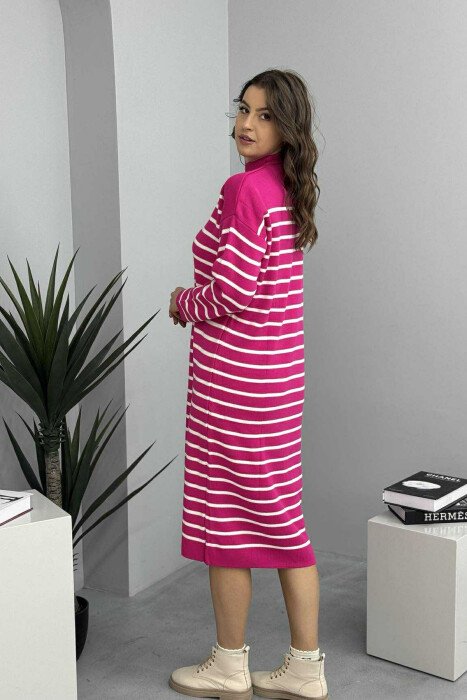 HIGH NECK STRIPED LONG WOMEN DRESS FUCHSIA/CIKLAMI - 3