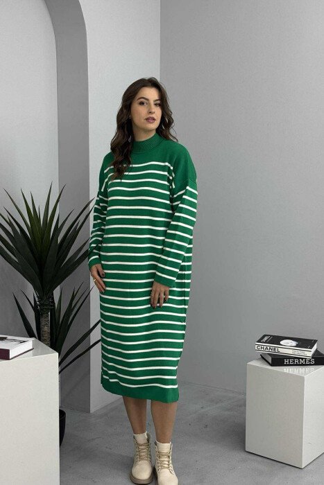 HIGH NECK STRIPED LONG WOMEN DRESS GREEN/JESHILE - 