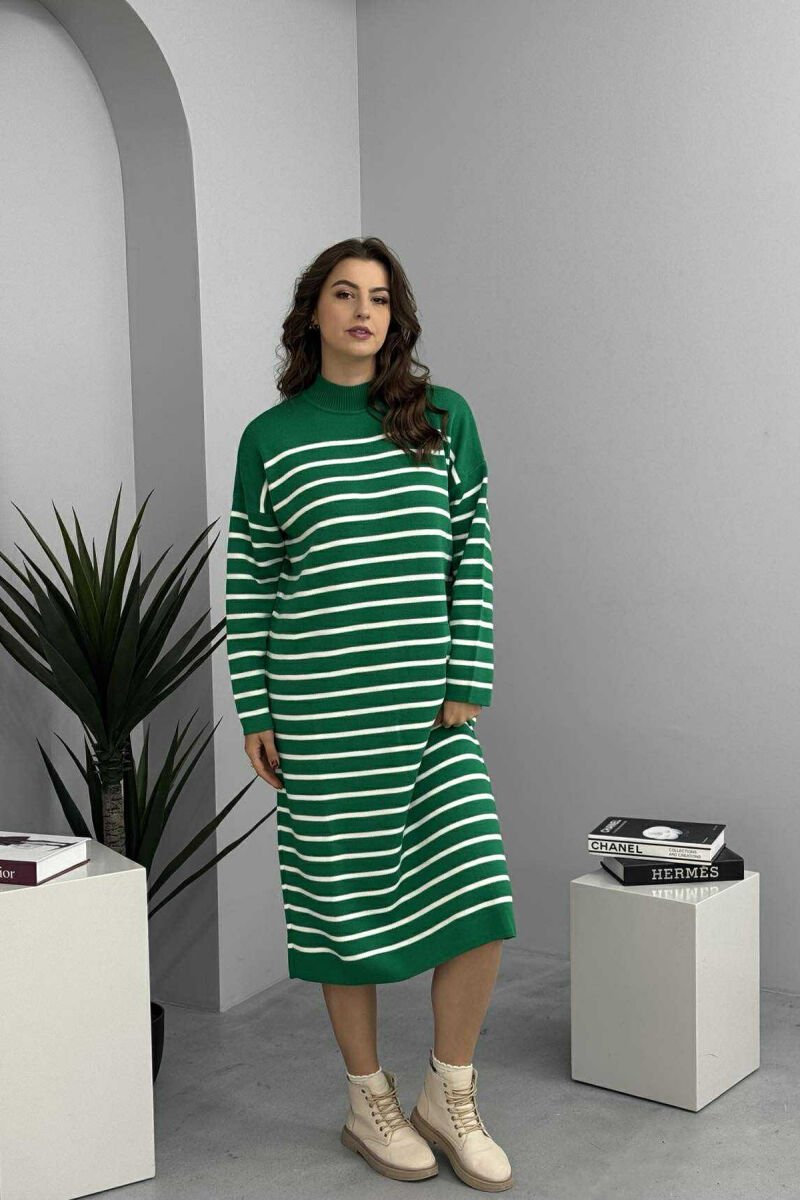 HIGH NECK STRIPED LONG WOMEN DRESS GREEN/JESHILE - 2