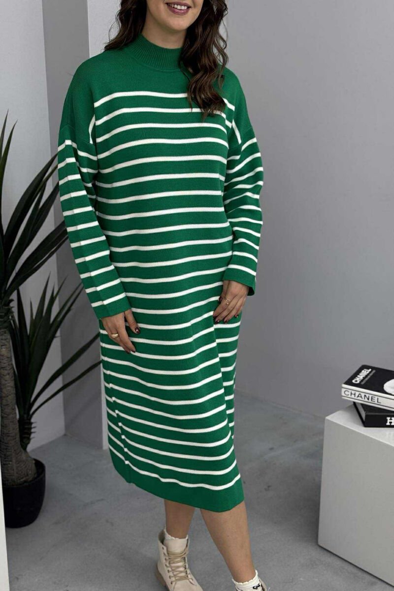 HIGH NECK STRIPED LONG WOMEN DRESS GREEN/JESHILE - 5