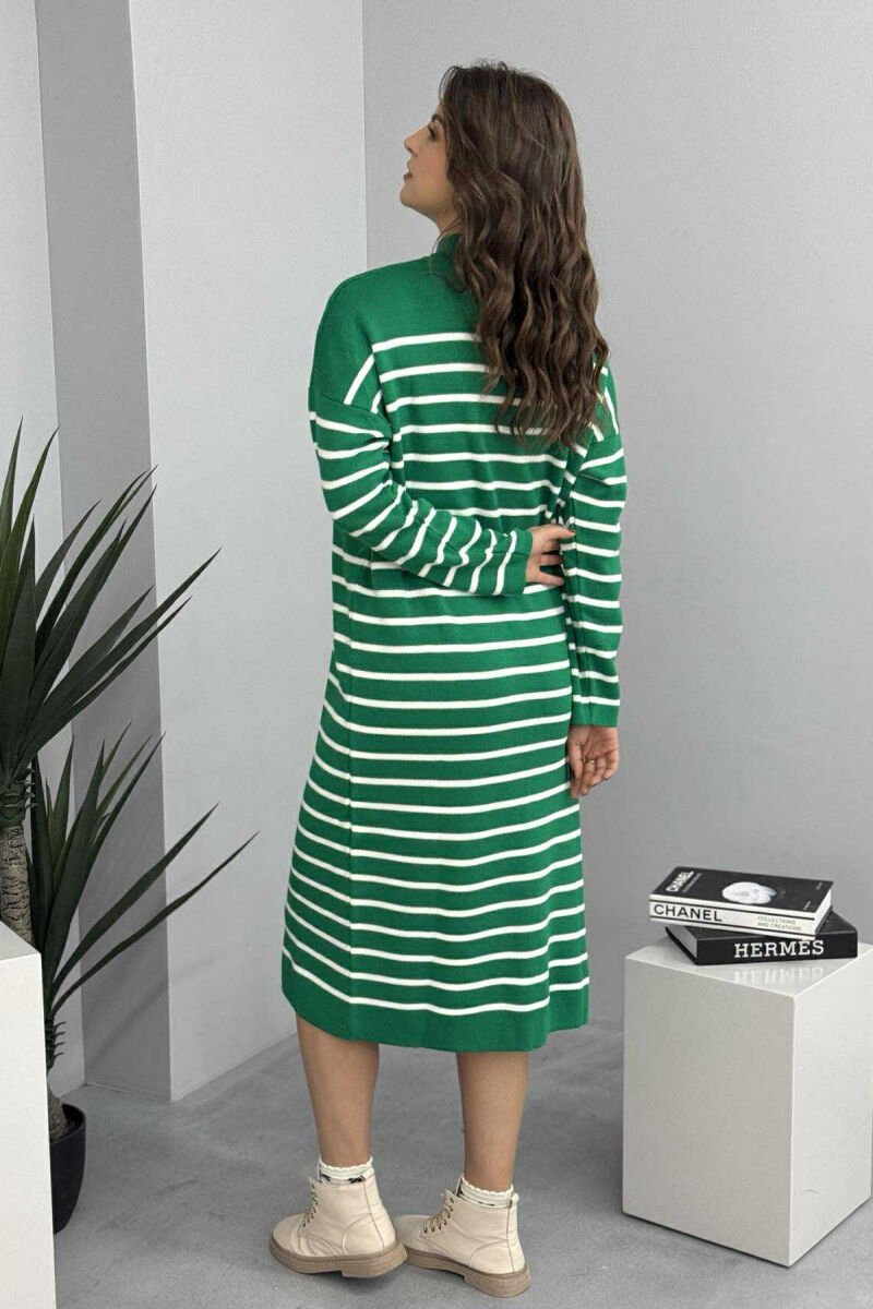 HIGH NECK STRIPED LONG WOMEN DRESS GREEN/JESHILE - 4