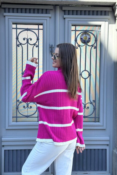 HIGH NECK STRIPED SIMPLE WOMEN SWEATER FUCHSIA/CIKLAMI - 3
