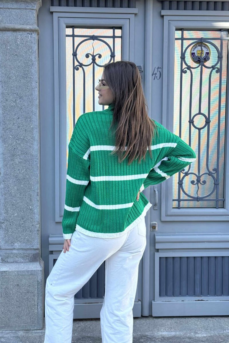 HIGH NECK STRIPED SIMPLE WOMEN SWEATER GREEN/JESHILE - 3