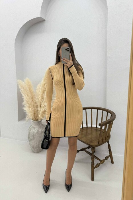 HIGH NECK STRIPED WOMEN DRESS BEIGE/BEZHE - 2