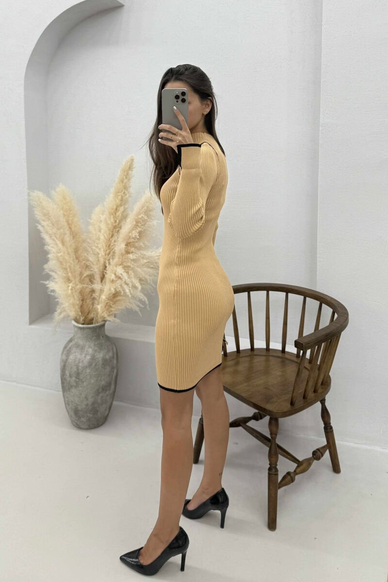 HIGH NECK STRIPED WOMEN DRESS BEIGE/BEZHE - 3