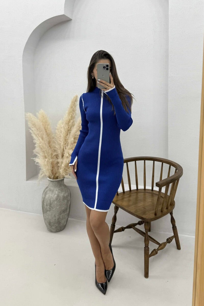 HIGH NECK STRIPED WOMEN DRESS BLUE/BLU - 1