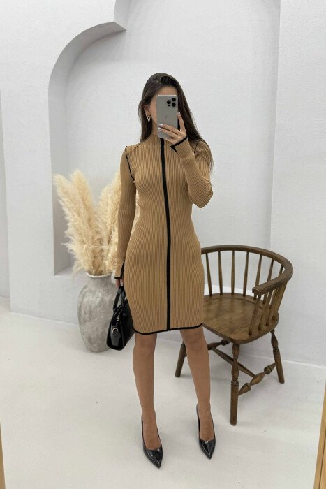 HIGH NECK STRIPED WOMEN DRESS BROWN/KAFE - 2