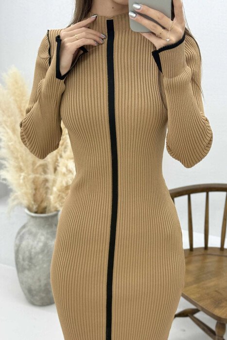HIGH NECK STRIPED WOMEN DRESS BROWN/KAFE - 4