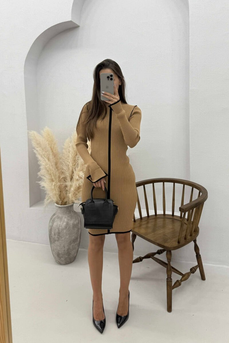 HIGH NECK STRIPED WOMEN DRESS BROWN/KAFE - 1