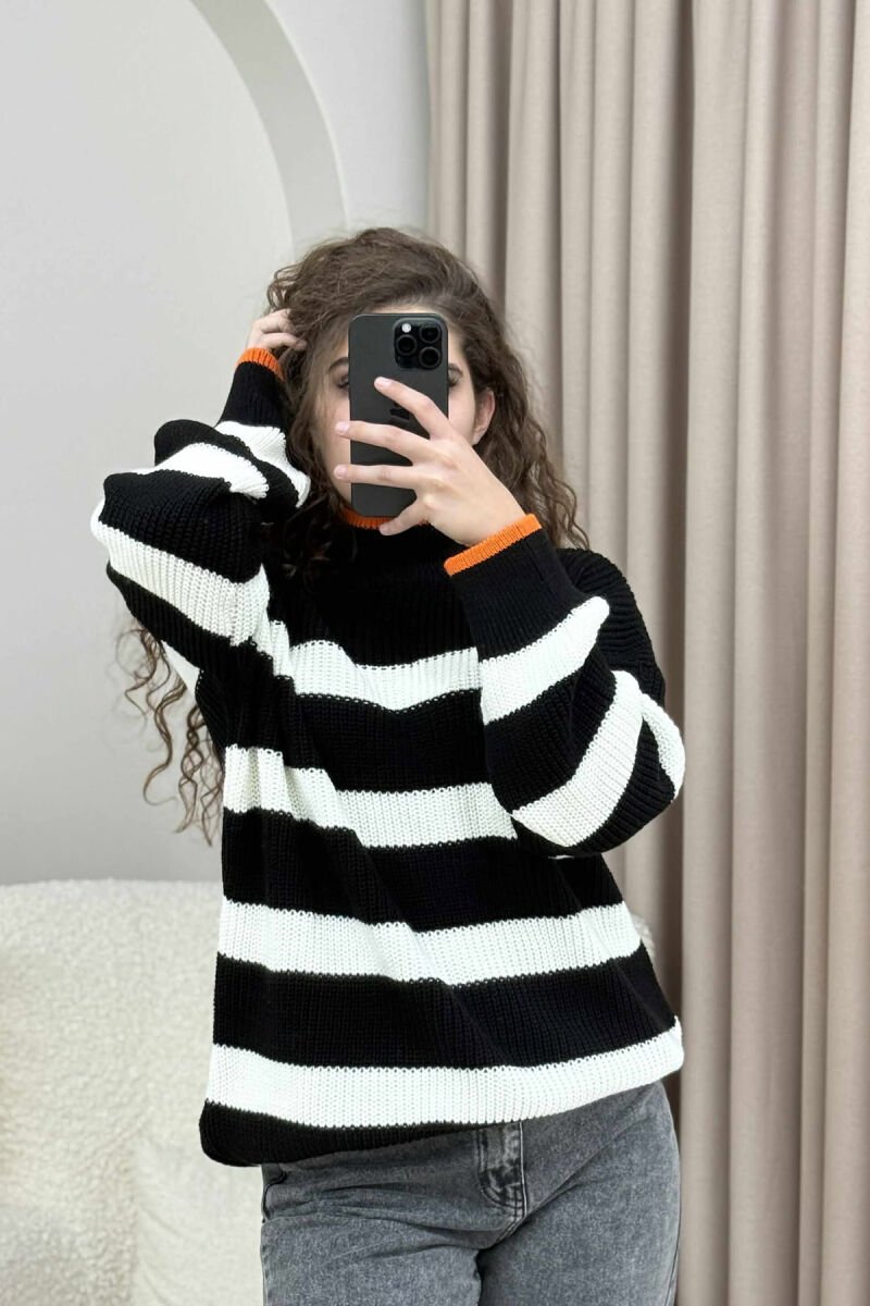 HIGH NECK STRIPED WOMEN SWEATER BLACK-WHITE/ZEBA - 3