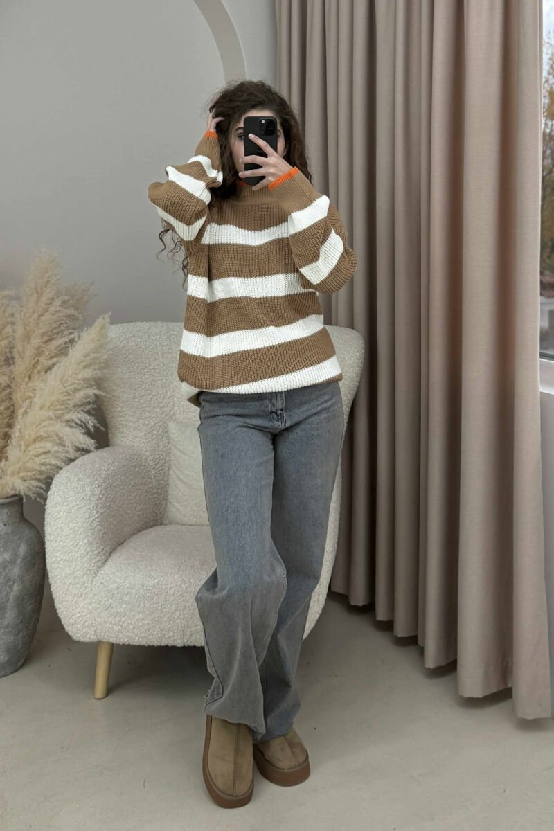HIGH NECK STRIPED WOMEN SWEATER BROWN/KAFE - 1