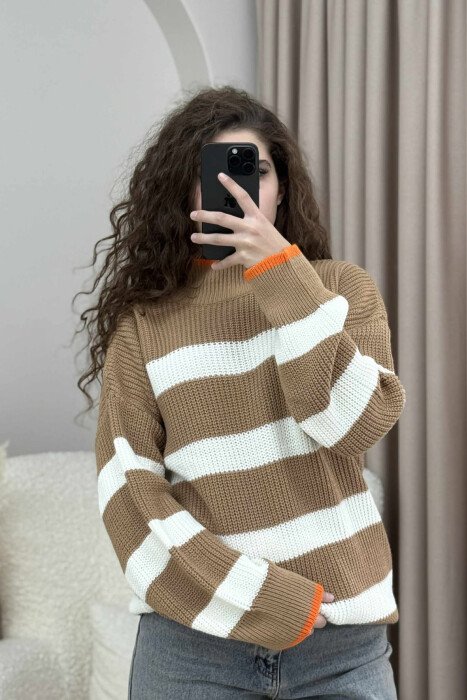 HIGH NECK STRIPED WOMEN SWEATER BROWN/KAFE - 3