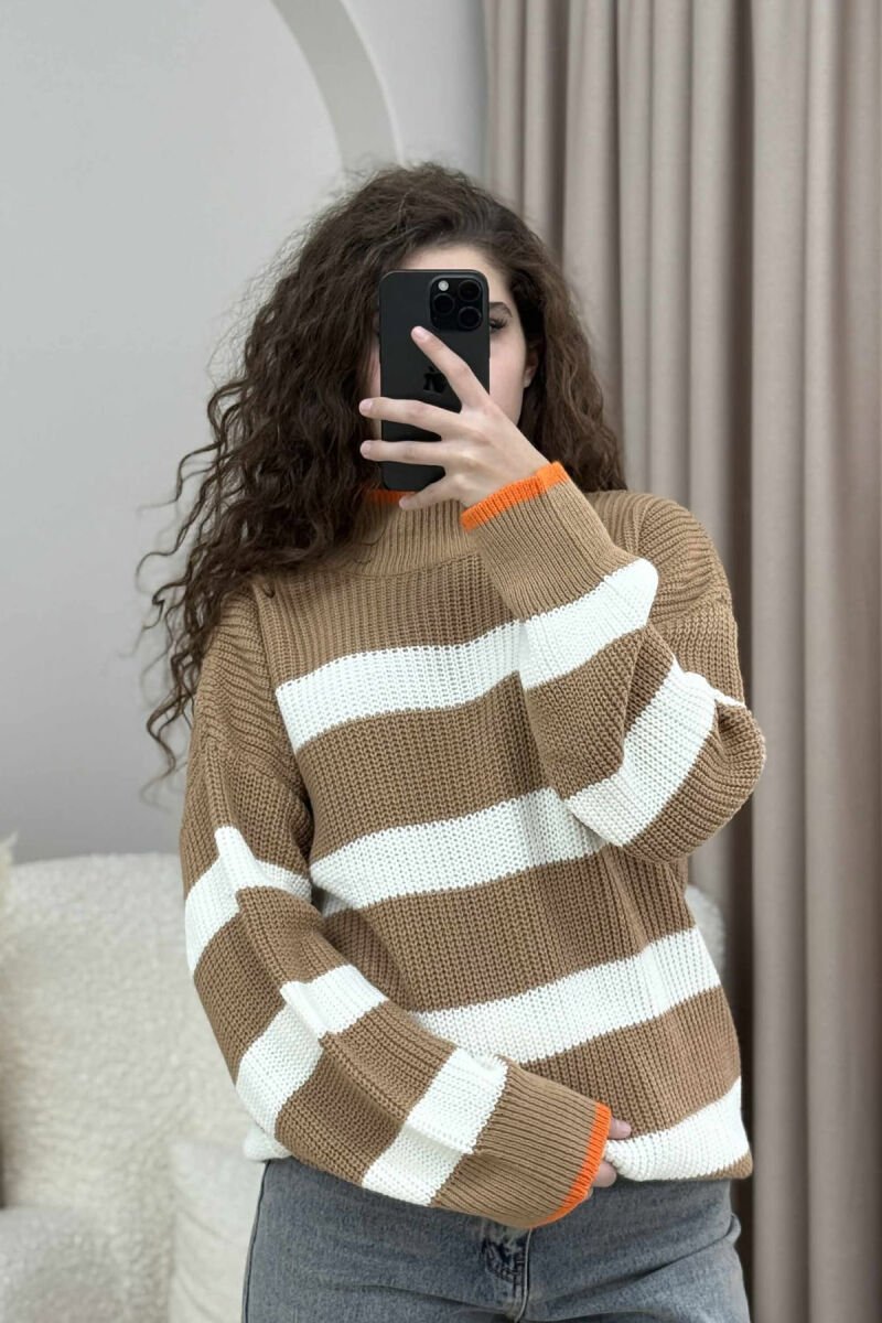 HIGH NECK STRIPED WOMEN SWEATER BROWN/KAFE - 3