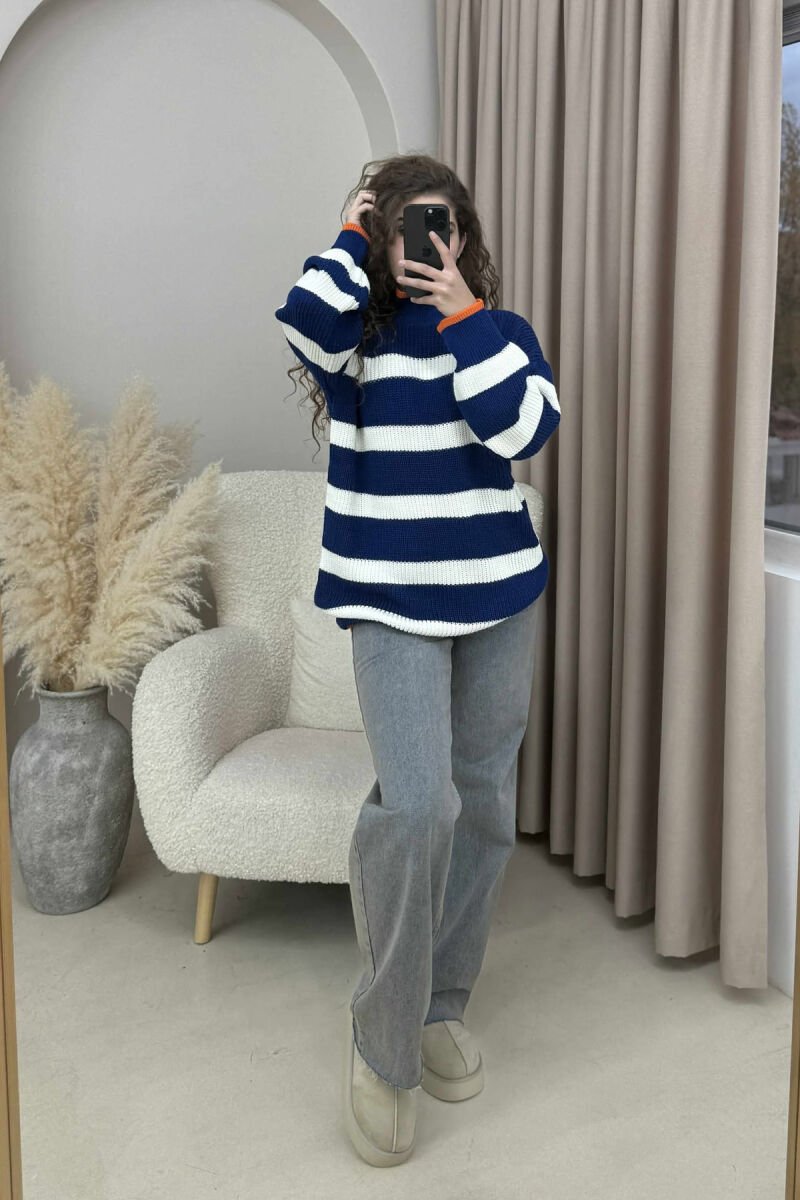 HIGH NECK STRIPED WOMEN SWEATER DARK BLUE/BEE - 2