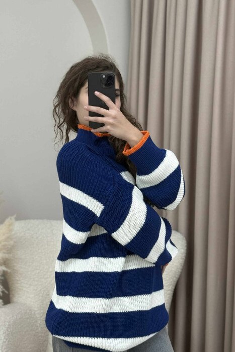 HIGH NECK STRIPED WOMEN SWEATER DARK BLUE/BEE - 4