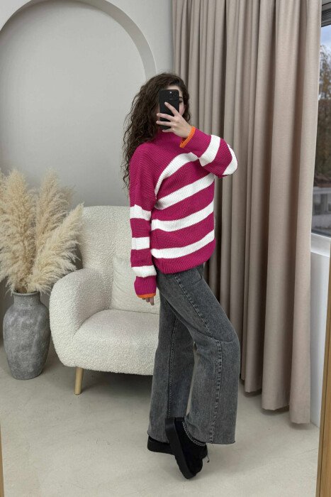 HIGH NECK STRIPED WOMEN SWEATER FUCHSIA/CIKLAMI - 1