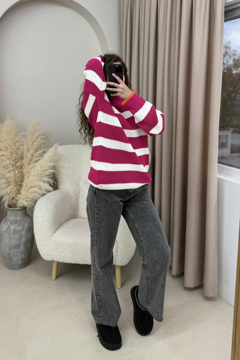 HIGH NECK STRIPED WOMEN SWEATER FUCHSIA/CIKLAMI - 2