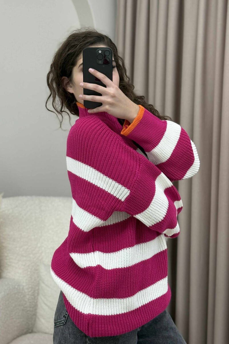 HIGH NECK STRIPED WOMEN SWEATER FUCHSIA/CIKLAMI - 4