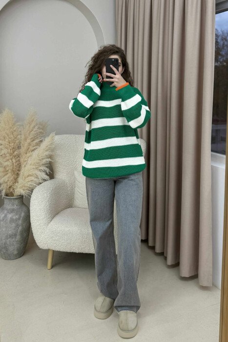 HIGH NECK STRIPED WOMEN SWEATER GREEN/JESHILE - 1