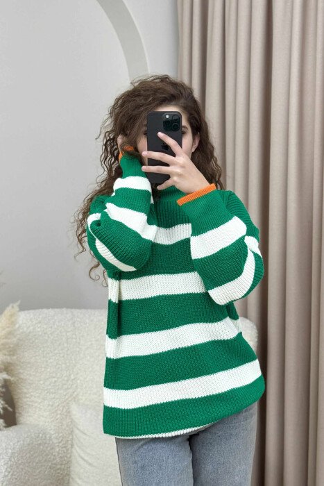 HIGH NECK STRIPED WOMEN SWEATER GREEN/JESHILE - 3