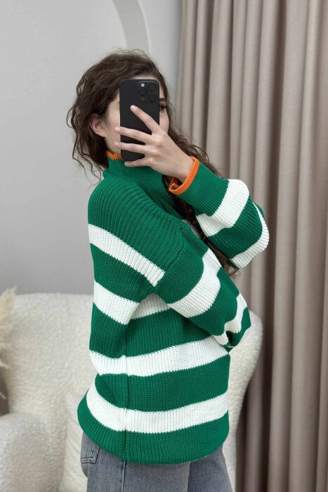 HIGH NECK STRIPED WOMEN SWEATER GREEN/JESHILE - 4