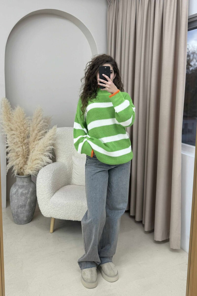 HIGH NECK STRIPED WOMEN SWEATER LIGHT GREEN/JEZB - 2