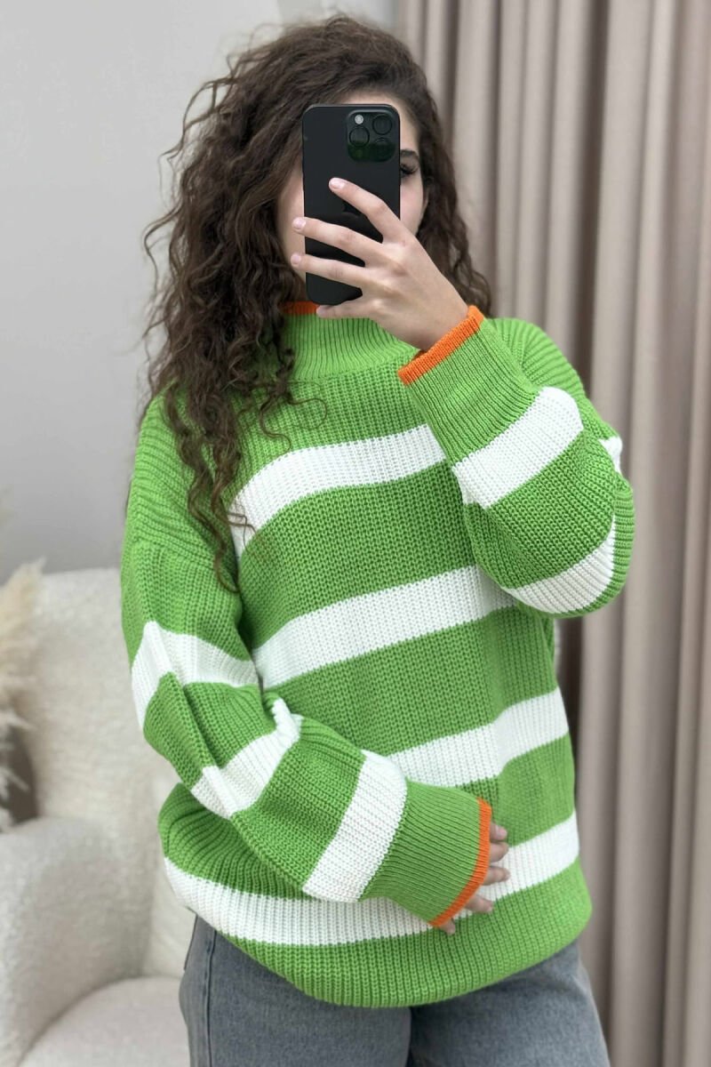 HIGH NECK STRIPED WOMEN SWEATER LIGHT GREEN/JEZB - 3