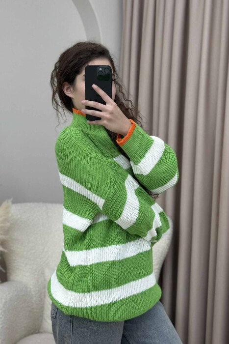 HIGH NECK STRIPED WOMEN SWEATER LIGHT GREEN/JEZB - 4