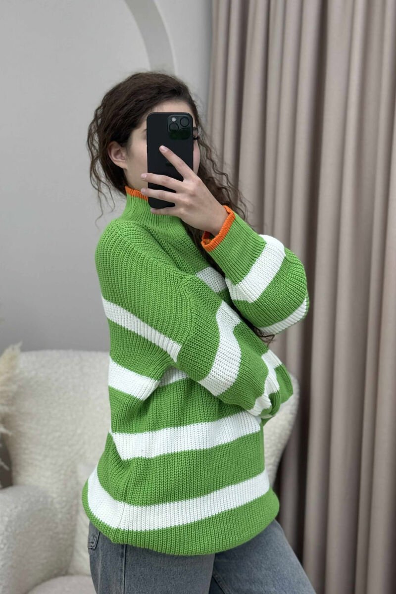 HIGH NECK STRIPED WOMEN SWEATER LIGHT GREEN/JEZB - 4
