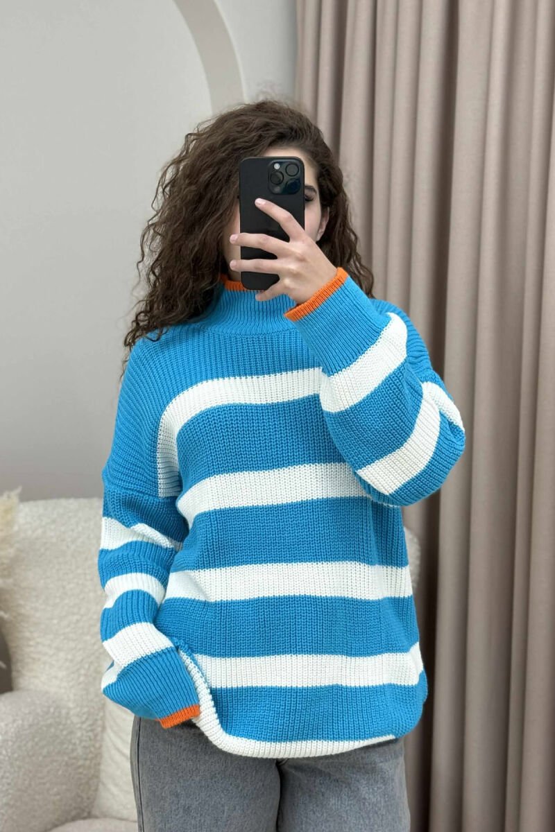 HIGH NECK STRIPED WOMEN SWEATER LIGHTBLUE/BZ - 3