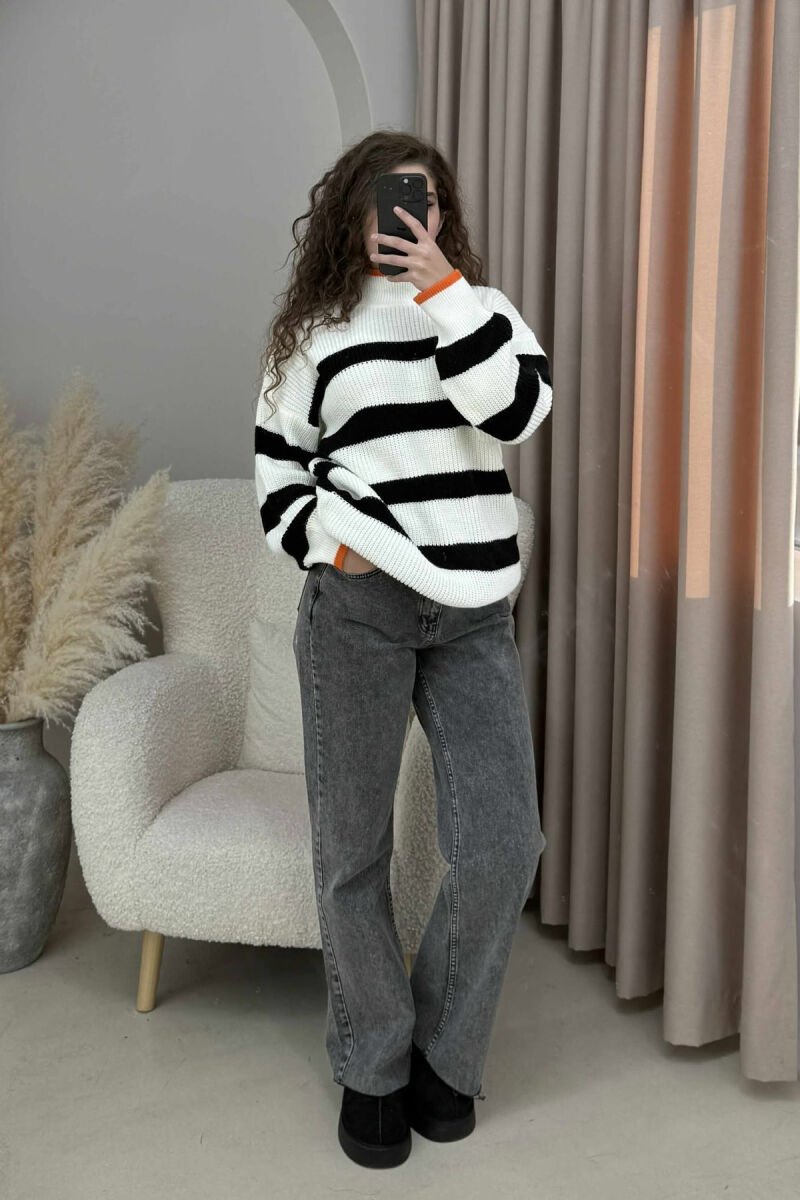 HIGH NECK STRIPED WOMEN SWEATER WHITE-BLACK/BAZE - 1