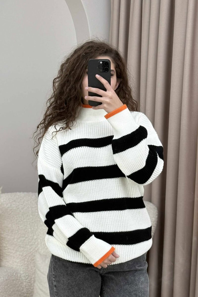 HIGH NECK STRIPED WOMEN SWEATER WHITE-BLACK/BAZE - 3