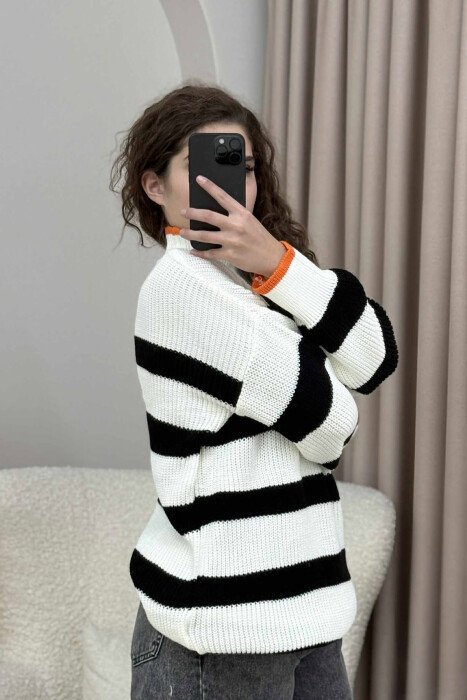 HIGH NECK STRIPED WOMEN SWEATER WHITE-BLACK/BAZE - 4