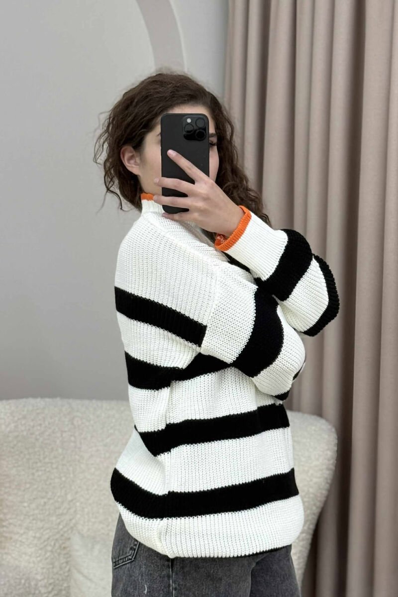 HIGH NECK STRIPED WOMEN SWEATER WHITE-BLACK/BAZE - 4
