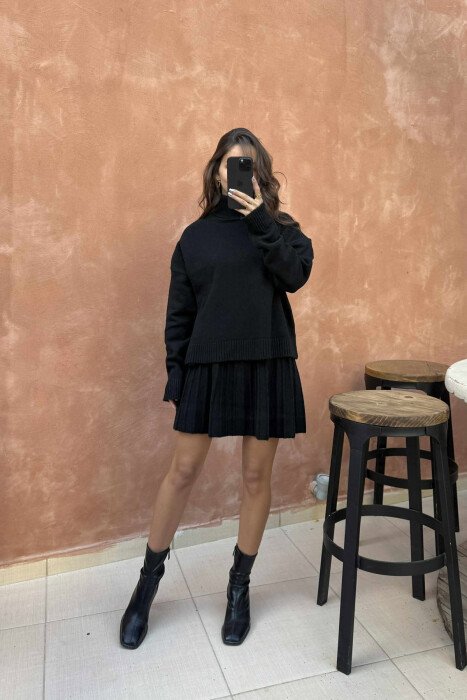 HIGH NECK SWEATER+SHORT SKIRT KNIT WOMAN SET BLACK/ E ZEZE 