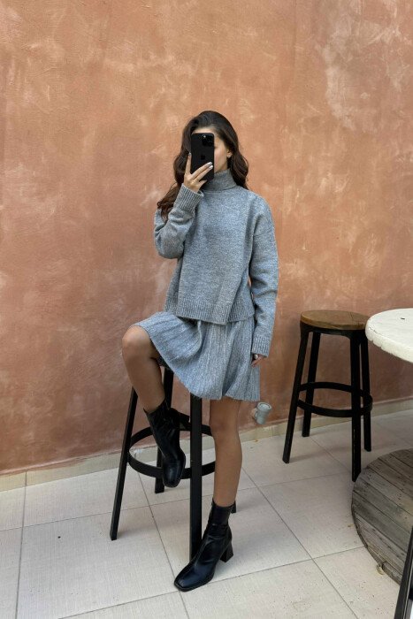 HIGH NECK SWEATER+SHORT SKIRT KNIT WOMAN SET LIGHT GREY/GZ - 5