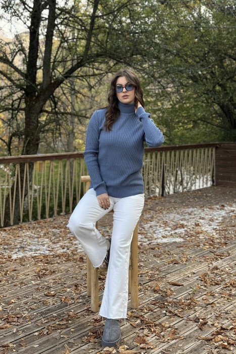HIGH NECK TEXTURED WOMAN SWEATER BLUE/BLU - 1