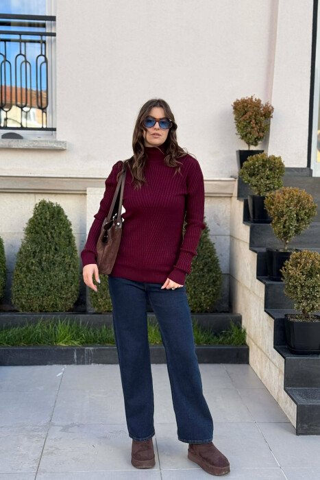 HIGH NECK TEXTURED WOMAN SWEATER DARK BURGUNDY/VISHNJE E ERRET - 1