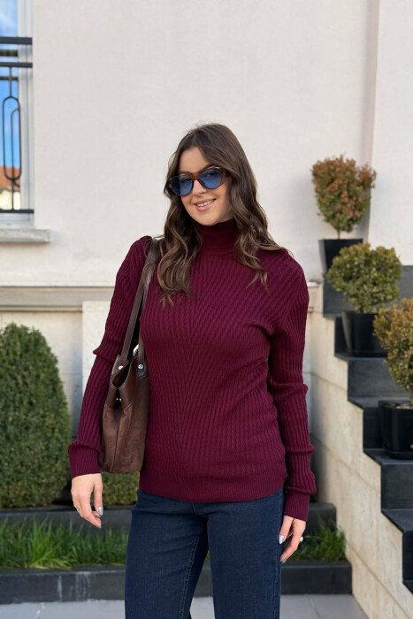 HIGH NECK TEXTURED WOMAN SWEATER DARK BURGUNDY/VISHNJE E ERRET - 2