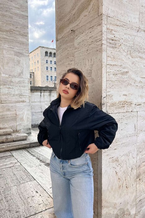 HIGH NECK ZIPPER POCKETS WOMEN JACKET BLACK/ E ZEZE 