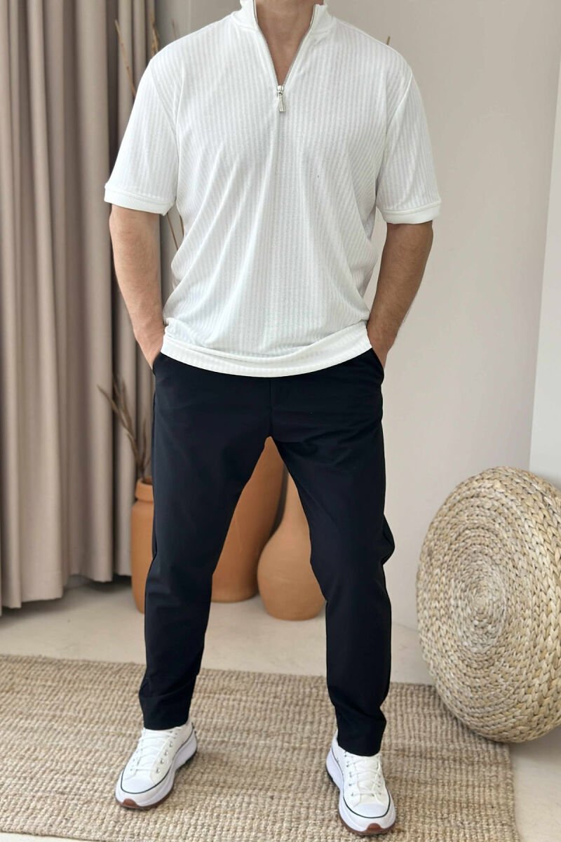 HIGH NECK ZIPPERED MEN T-SHIRT WHITE-E BARDHE - 1